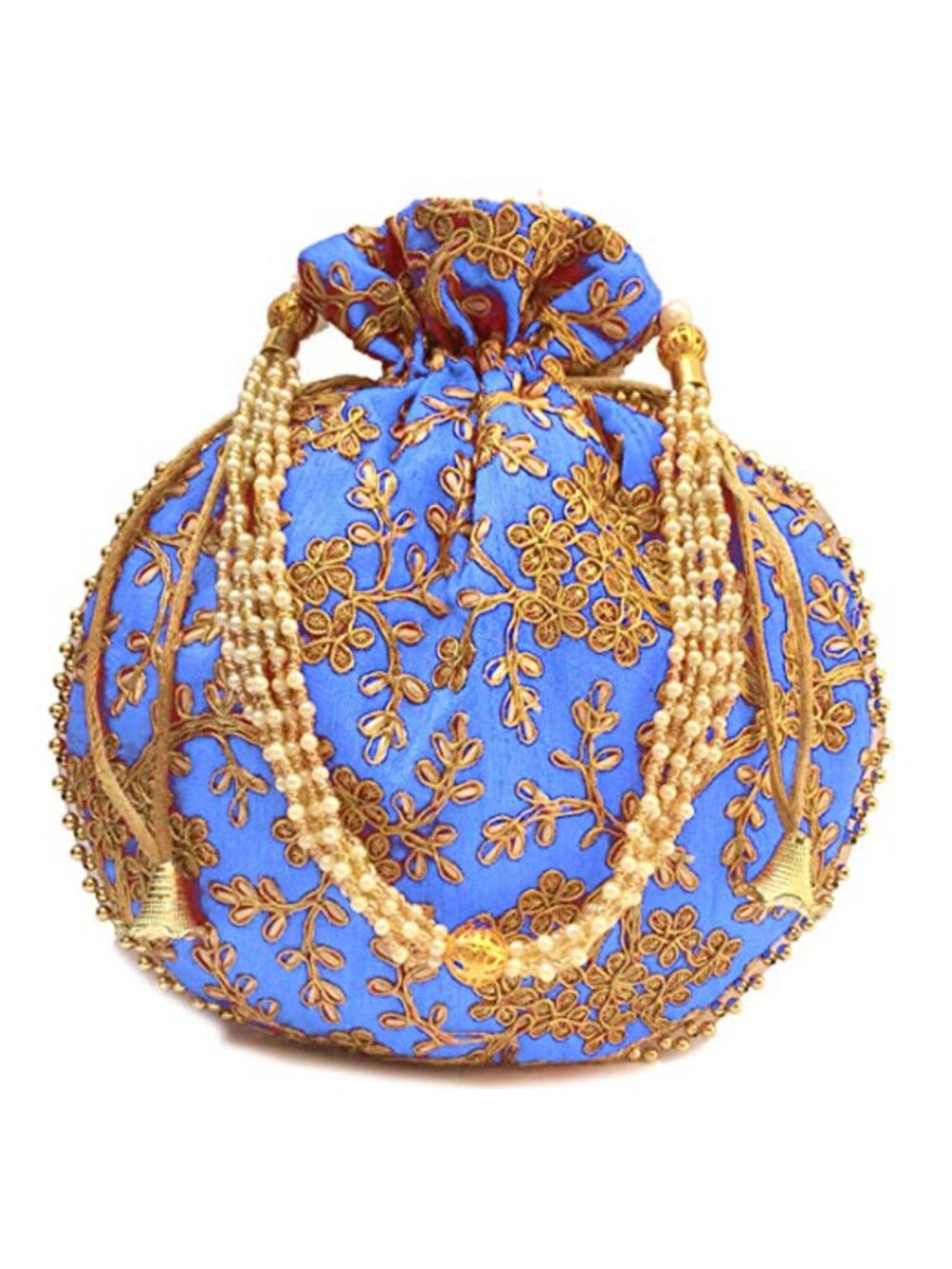 Embroidered Silk Potli Bag with Pearl Handle Drawstring Clutch Purse